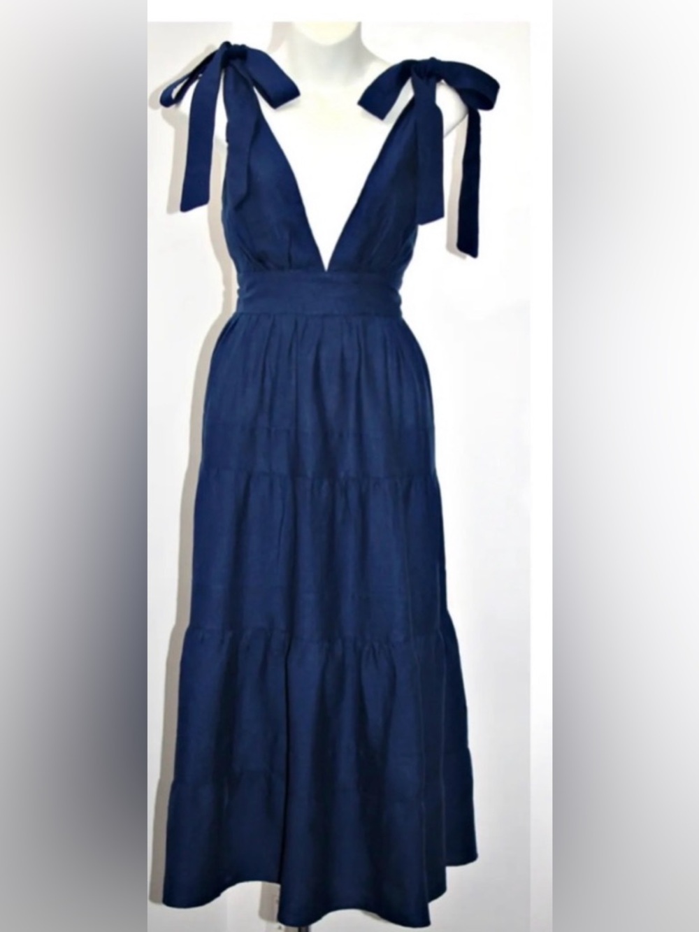 House of Harlow 1960 Deep Navy Tie-Shoulder Deep V Beck Maxi Dress Size L - Picture 2 of 6